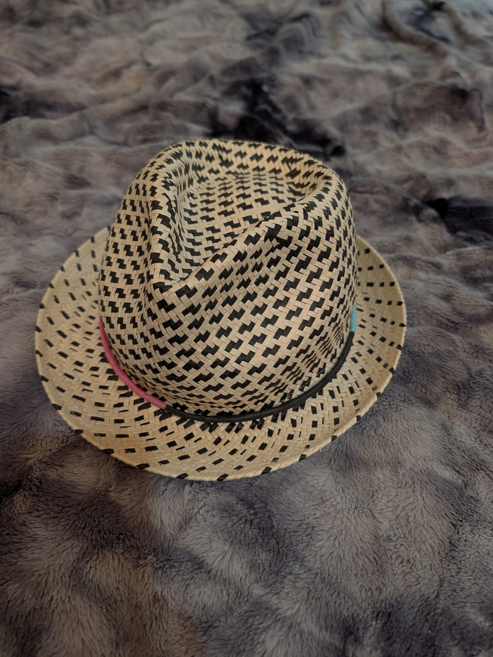 Anthropologie Natural and Black Woven Straw Fedora with Pink Accent